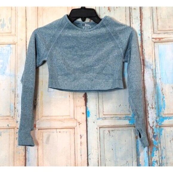 Womens Size Small Green Cross Fit Training Long Sleeve Workout Crop Top Stretch - Picture 1 of 5